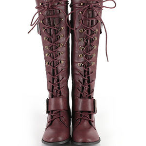 Burgundy boots.